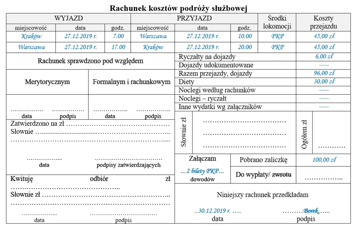 Ilustracja do pytania 495: Na podstawie zamieszczonego rachunku kosztów podróży służbowej ustal kwotę do w…