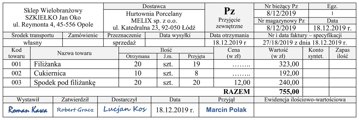 Ilustracja do pytania 567: Na podstawie przedstawionego dowodu Pz nr 8/12/2019 ustal brakujące ceny jednos…