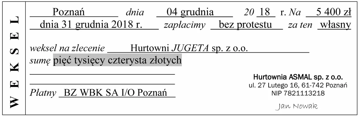 Ilustracja do pytania 76: Hurtownia ASMAL sp. z o.o. wystawiła dla Hurtowni JUGETA sp. z o.o. weksel włas…