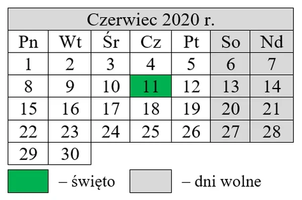 Ilustracja do pytania 573: Na podstawie kalendarza ustal wymiar czasu pracy w czerwcu.