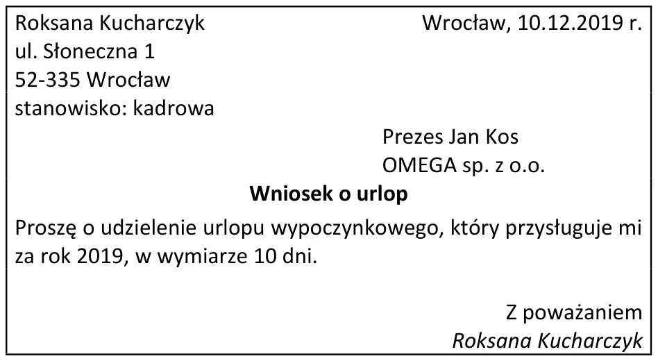 Ilustracja do pytania 575: Którego elementu brakuje w przedstawionym wniosku o urlop wypoczynkowy?