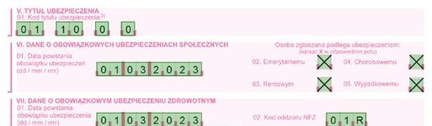 Ilustracja do pytania 888: Fragment formularza informuje, że do obowiązkowych ubezpieczeń społecznych zgło…