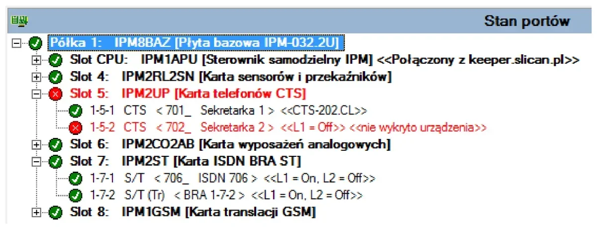 Ilustracja do pytania 444: Na podstawie przedstawionego stanu portów centrali wskaż ile można podłączyć do…