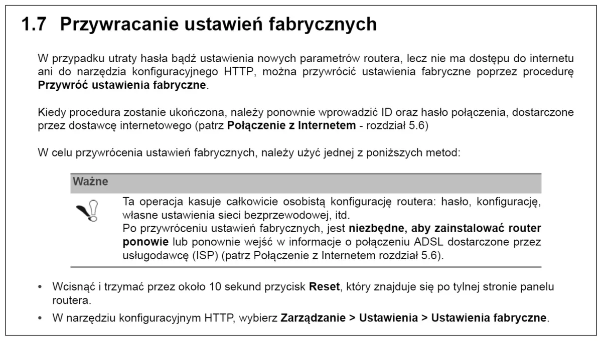 Ilustracja do pytania 1051: Dla przywrócenia ustawień fabrycznych w ruterze ADSL należy