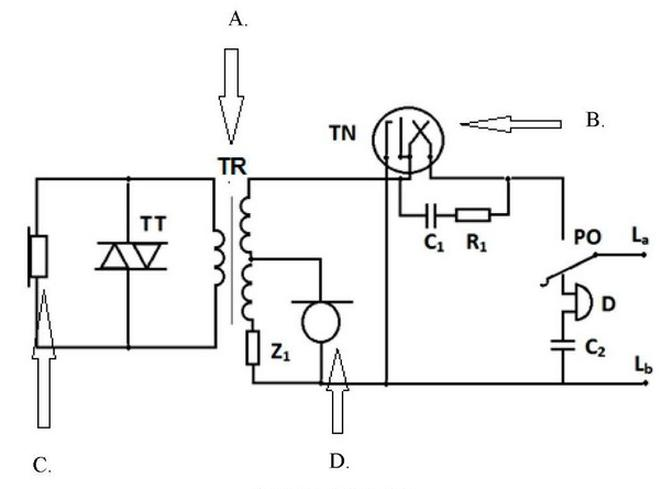 Ilustracja do pytania 1242: Element przetwarzający sygnały elektryczne na falę akustyczną na schemacie apar…