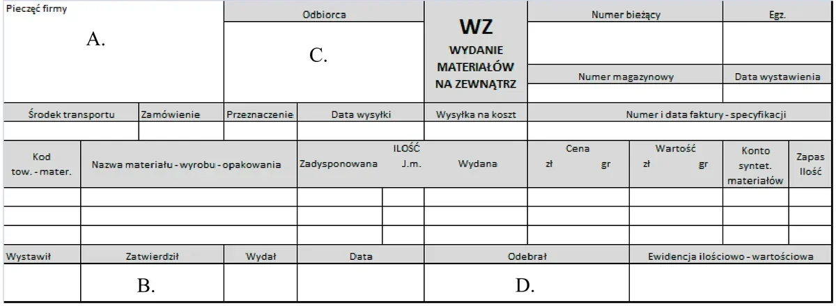 Ilustracja do pytania 121: W dokumencie WZ miejsce docelowe wydanego towaru należy umieścić w polu oznaczo…