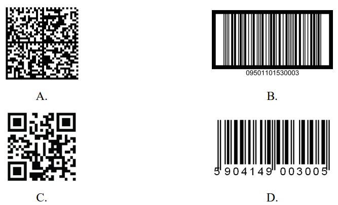 Ilustracja do pytania 1386: Na którym rysunku przedstawiono kod typu QR?