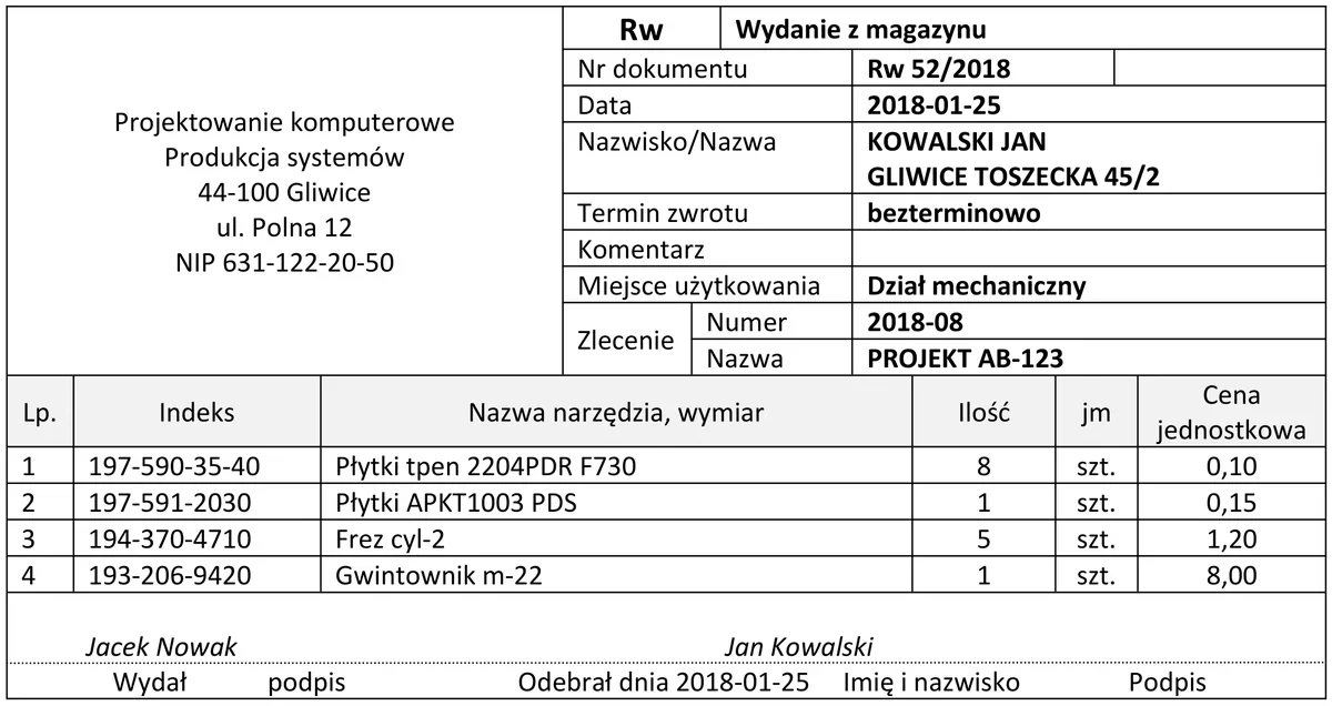 Ilustracja do pytania 546: Ile wyniesie wartość wydanych z magazynu elementów zgodnie z powyższym dokument…