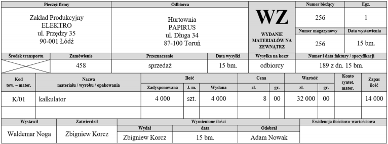 Ilustracja do pytania 778: Ile wynosił stan magazynowy kalkulatorów przed wydaniem ich Hurtowni PAPIRUS na…