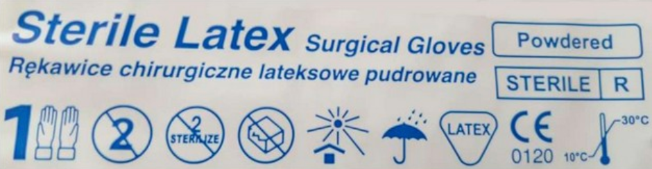 Ilustracja do pytania 787: Na ilustracji jest przedstawiony fragment opakowania rękawic chirurgicznych. W…