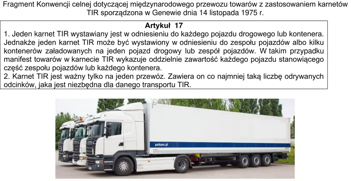 Ilustracja do pytania 853: Ile karnetów TIR należy wystawić, zgodnie z fragmentem konwencji, dla trzech je…