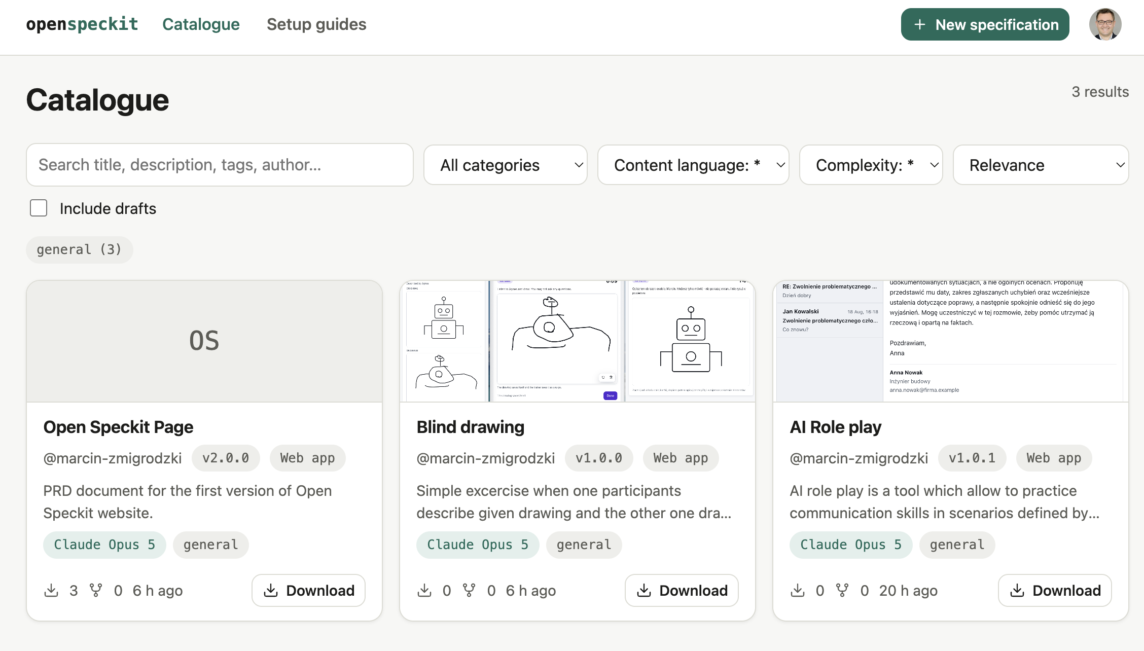 Catalogue page with speckits