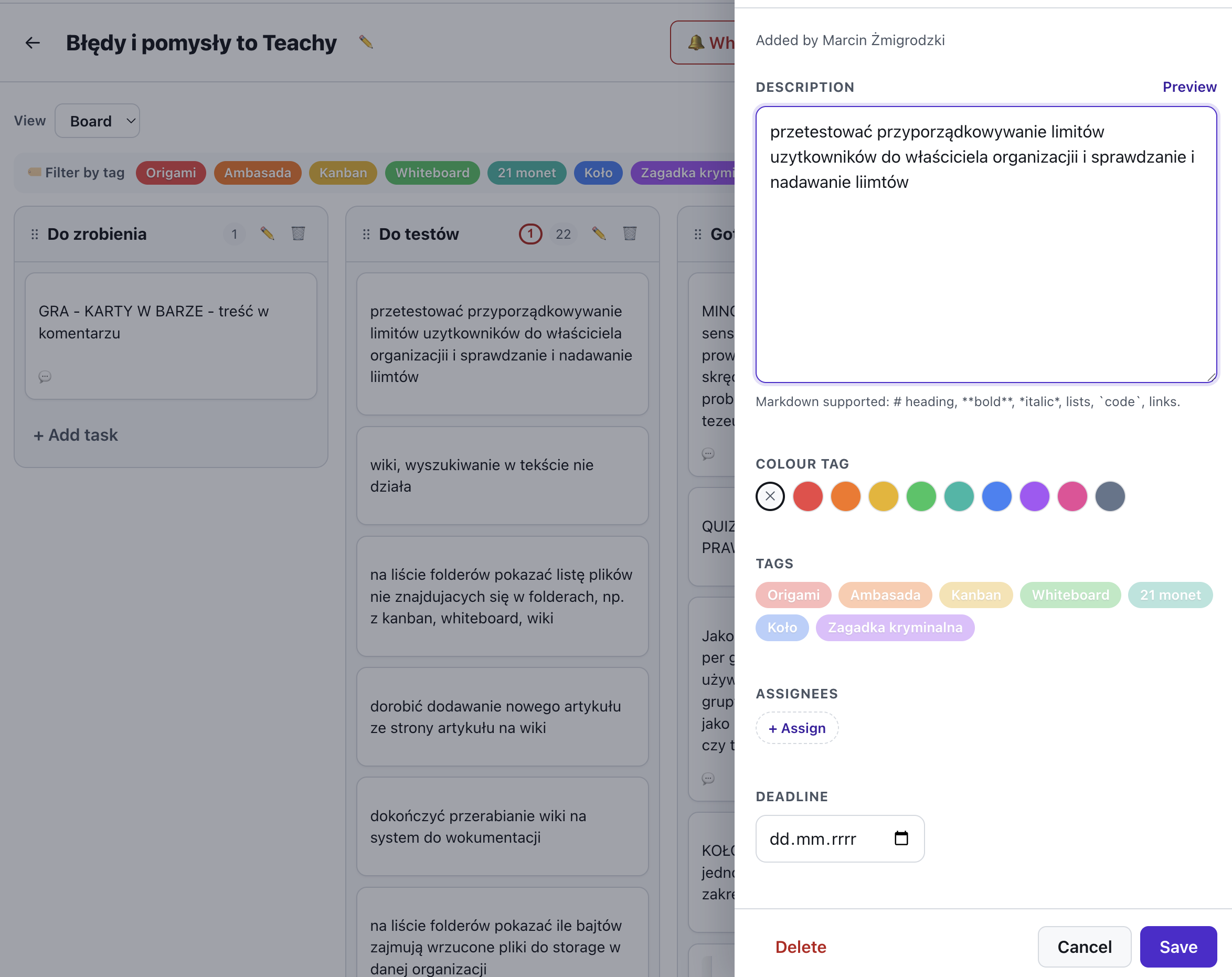 Task details on kanban in Verbalu.com
