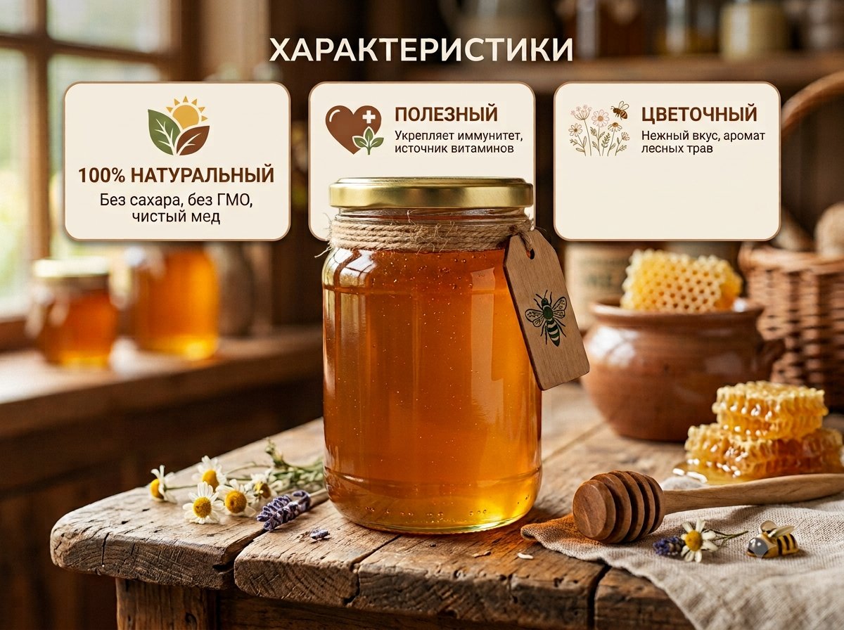 Мед натуральный цветочный, свежий сбор