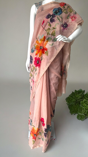 Handembroidery Floral Chanderi Saree