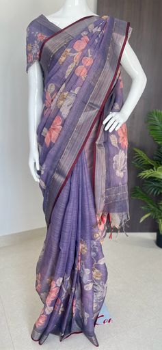 Floral embroidered Tissue Linen Saree