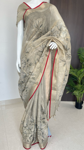 Earthy Floral Embroidered Tissue linen Saree