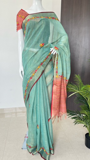 Hand Embroidered Linen Tissue Saree