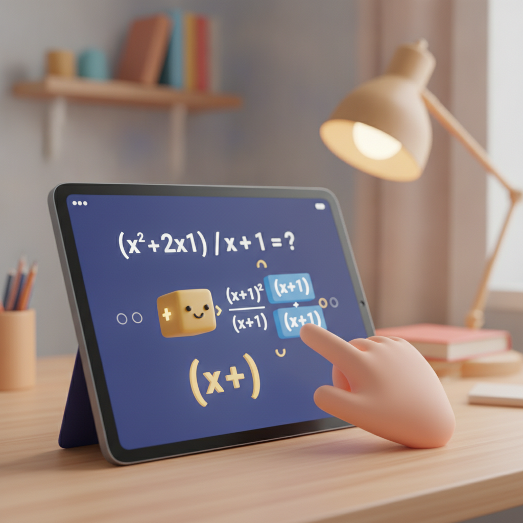 Child's hand interacting with a tablet showing a maths problem being solved step-by-step on Qwizflow.