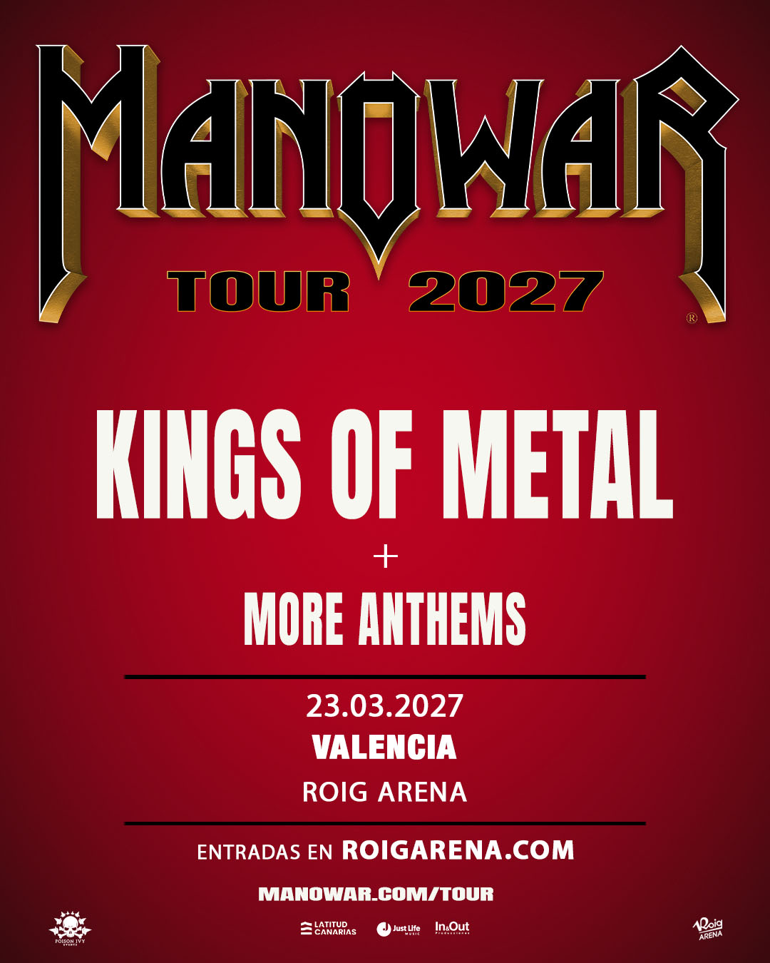 Manowar en Valencia: Kings of Metal Fighting The World Tour 2027 en Roig Arena