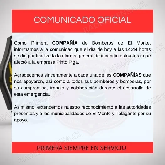 Bomberos dio por terminadas las labores de extinción del incendio en empresa Pinto Piga de El Monte