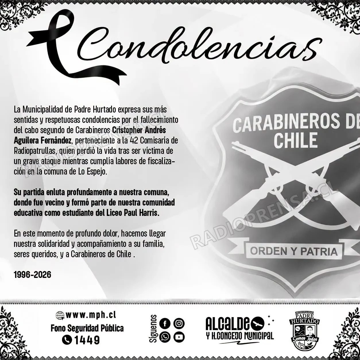 Falleció carabinero que fue vecino y estudiante de Padre Hurtado
