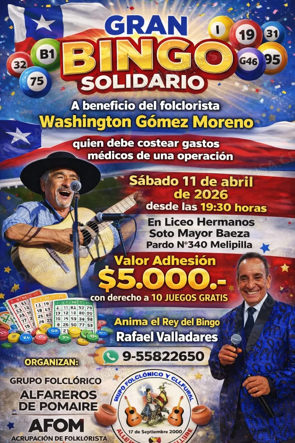 Organizan bingo a beneficio de destacado folclorista melipillano