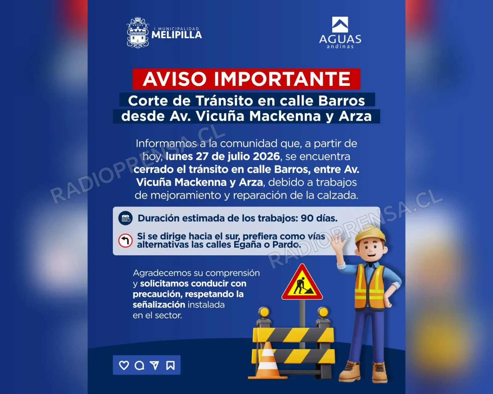 Desde este lunes: corte de tránsito en Barros entre Vicuña Mackenna y Arza