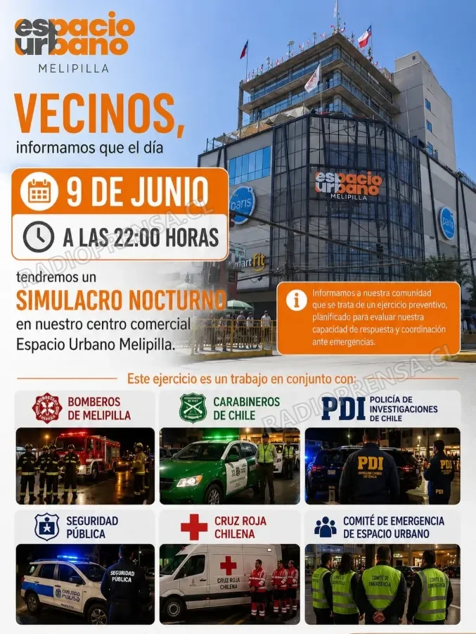 Mall Espacio Urbano Melipilla realizará simulacro nocturno de emergencia este martes