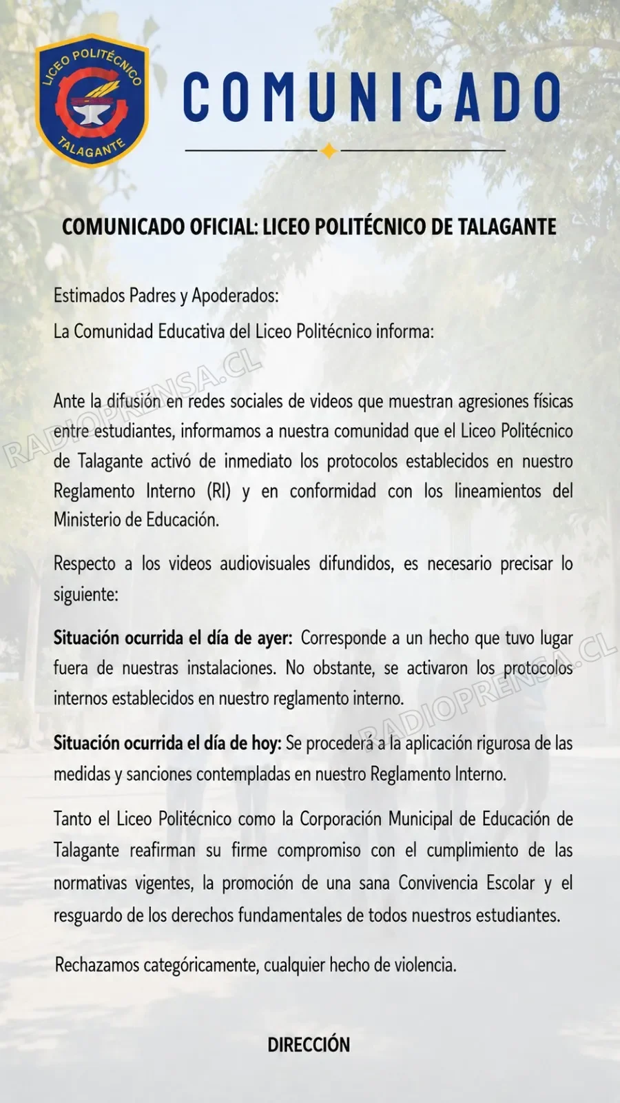 Dirección del Liceo Politécnico de Talagante, emitió comunicado tras riñas entre estudiantes dentro y fuera del Liceo del establecimiento