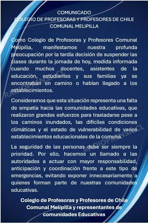 Colegio de Profesores de Melipilla cuestiona aviso tardío de suspensión de clases tras emergencias por lluvias