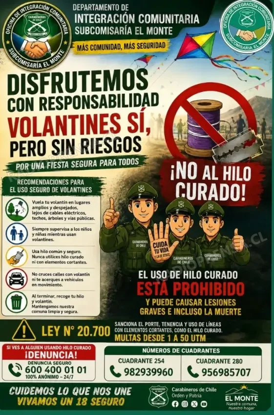 Carabineros despliega intensa campaña preventiva para un "18 Seguro" en El Monte con foco en el riesgo del hilo curado