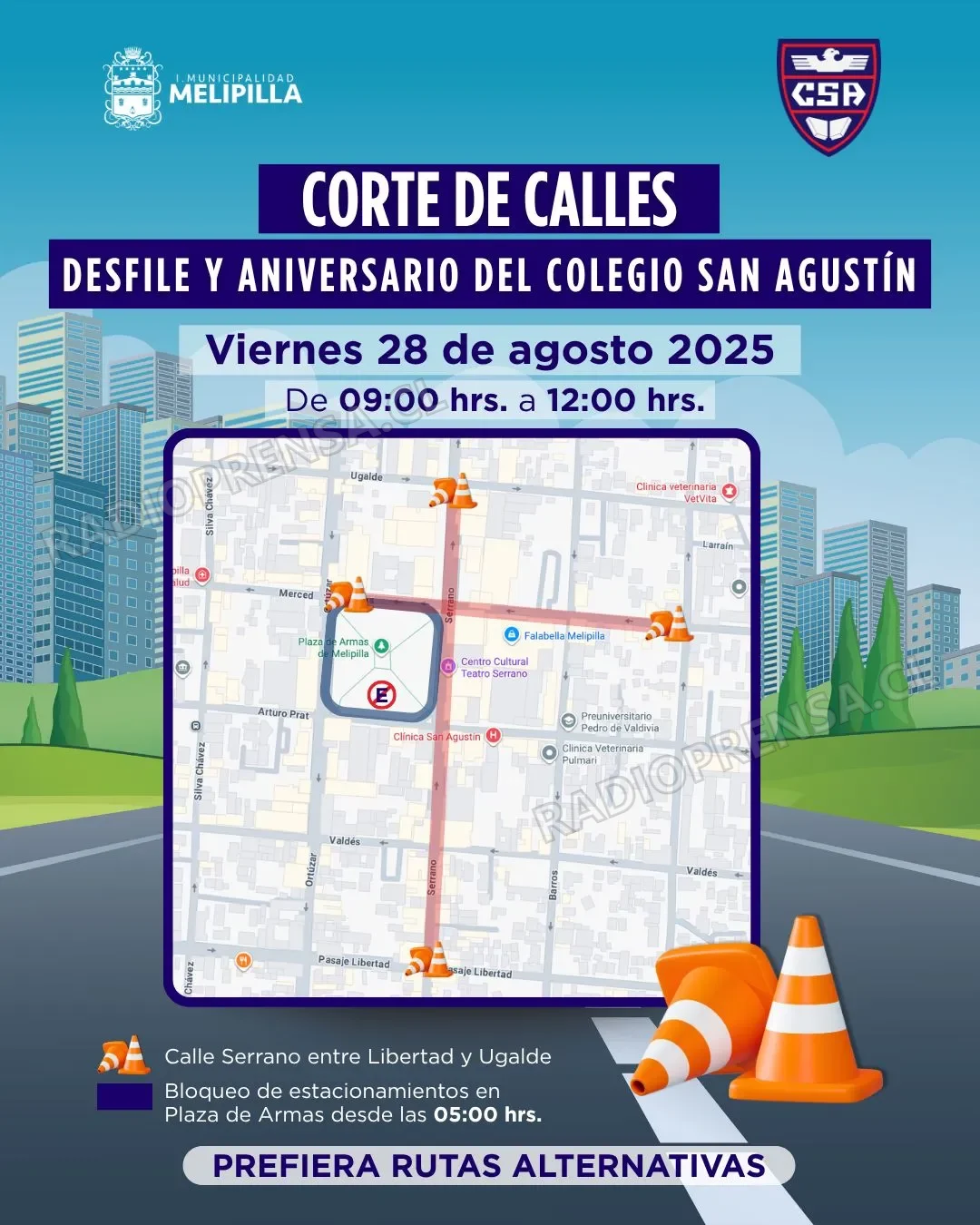 Cortes y desvíos de tránsito se implementarán este viernes en el centro de Melipilla por desfile