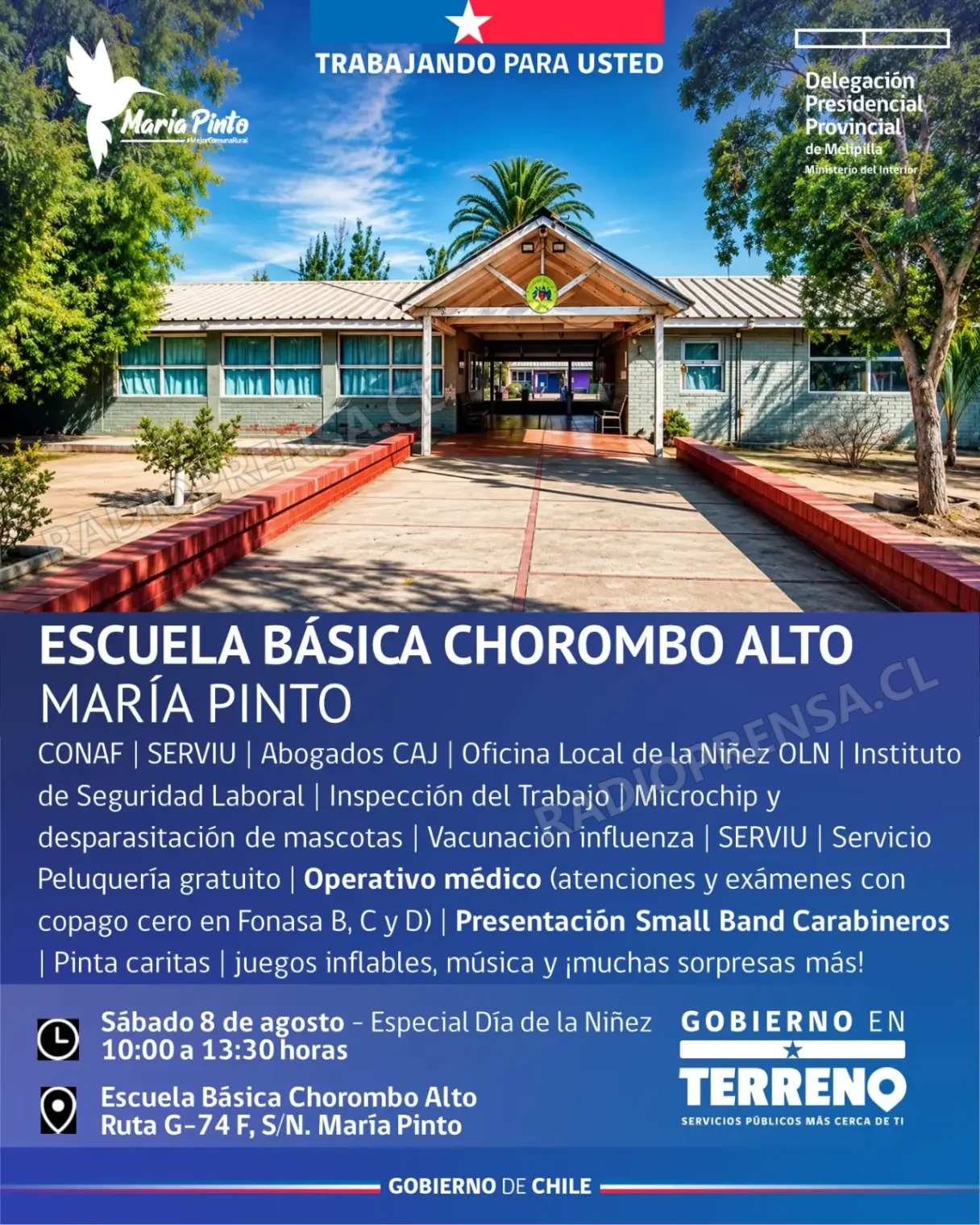 Gobierno en Terreno llegará a Chorombo Alto con servicios públicos y un panorama especial para celebrar el Día de la Niñez junto a la Small Band de Carabineros