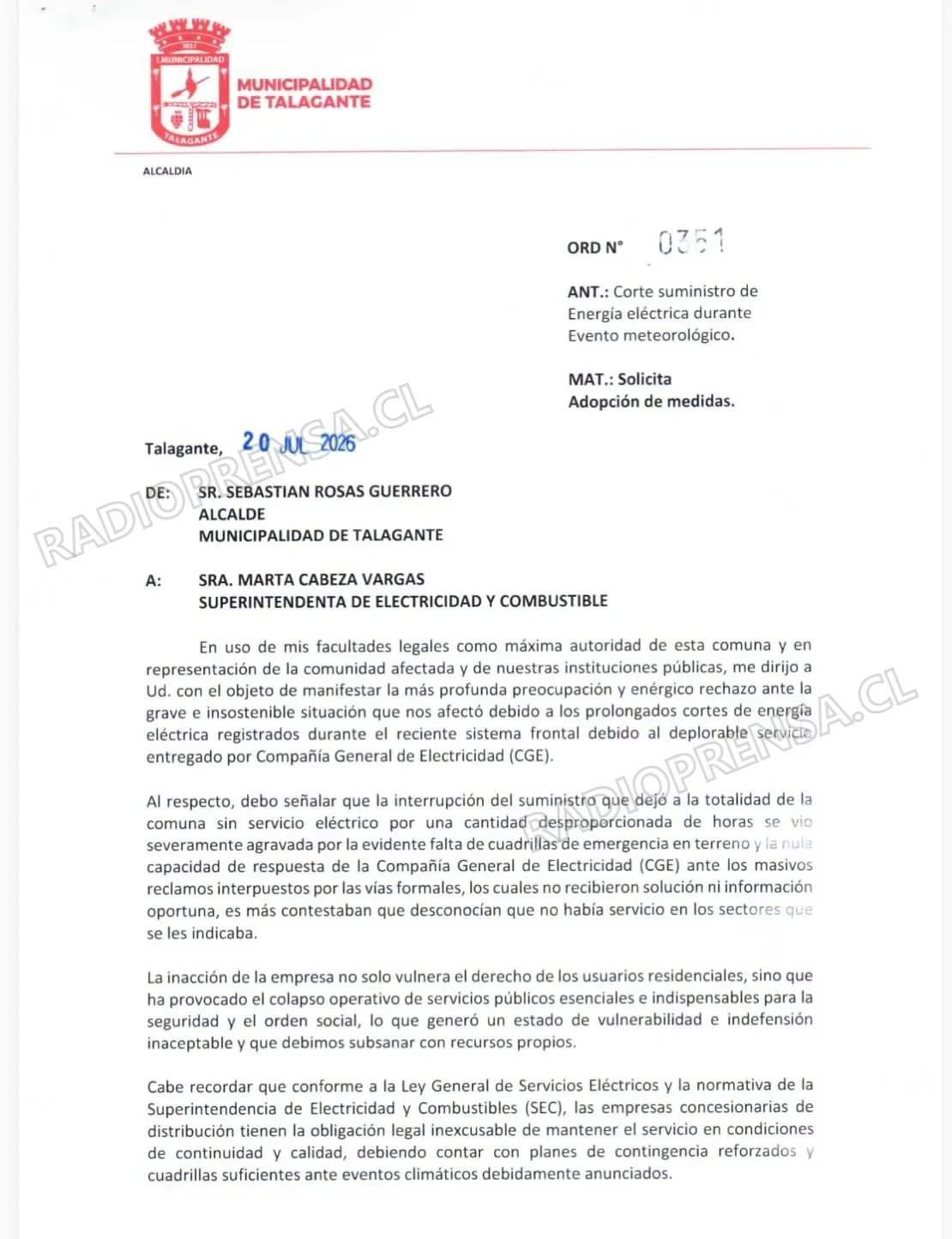 Alcalde de Talagante exige fiscalización y sanciones a CGE ante la SEC por prolongados cortes de energía