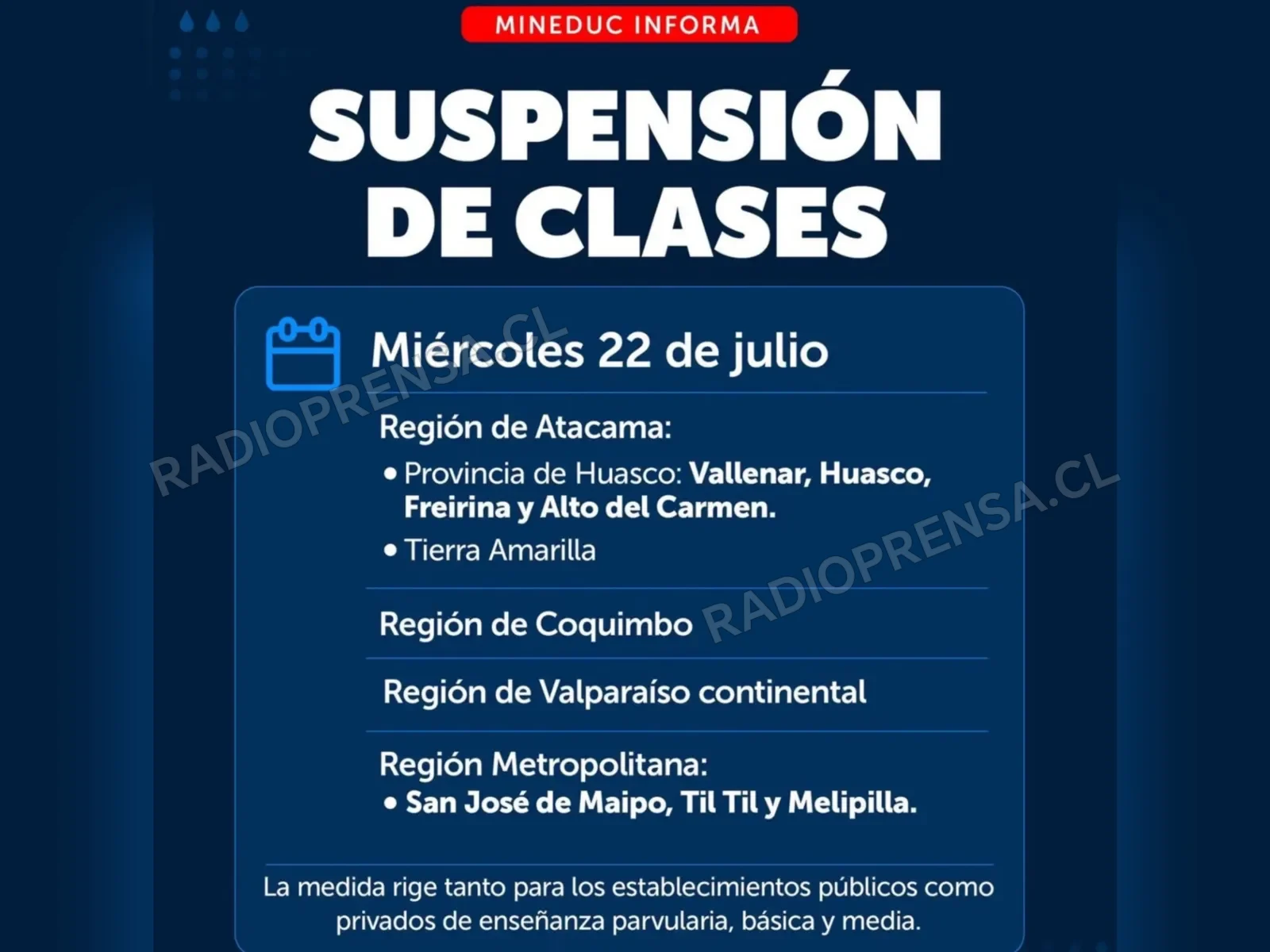 ​Mineduc confirma suspensión de clases en Melipilla y otras comunas por sistema frontal