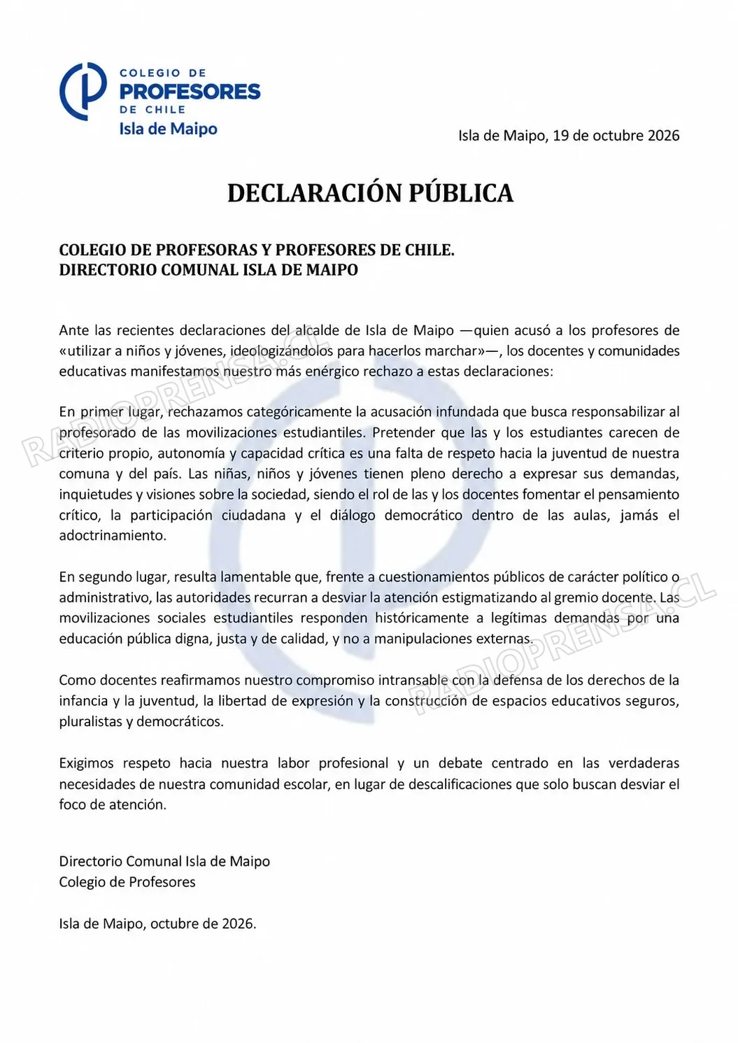 Colegio de Profesores de Isla de Maipo rechaza dichos del alcalde y defiende el rol pedagógico docente