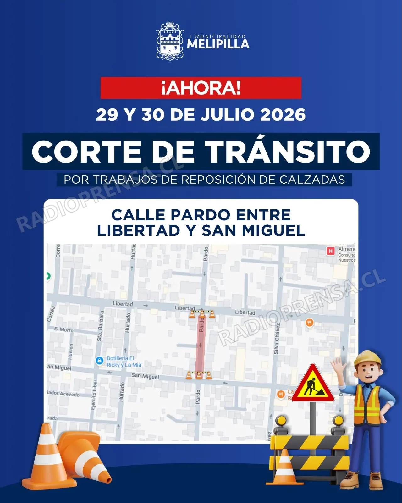 Municipalidad de Melipilla informa corte de tránsito en calle Pardo por trabajos de reposición de calzada