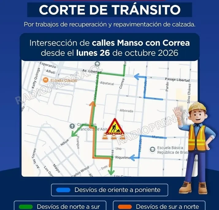 Informan corte de tránsito en intersección de calles Manso con Correa por obras de repavimentación