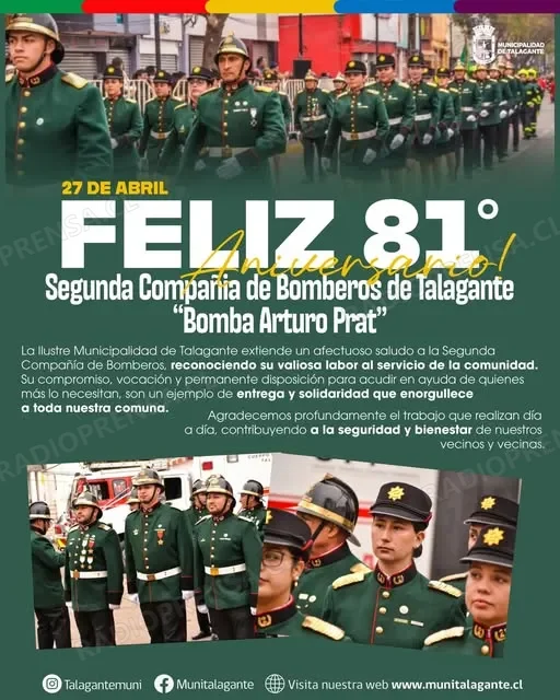 Segunda Compañía de Bomberos de Talagante celebra 81 años con actividades abiertas a la comunidad
