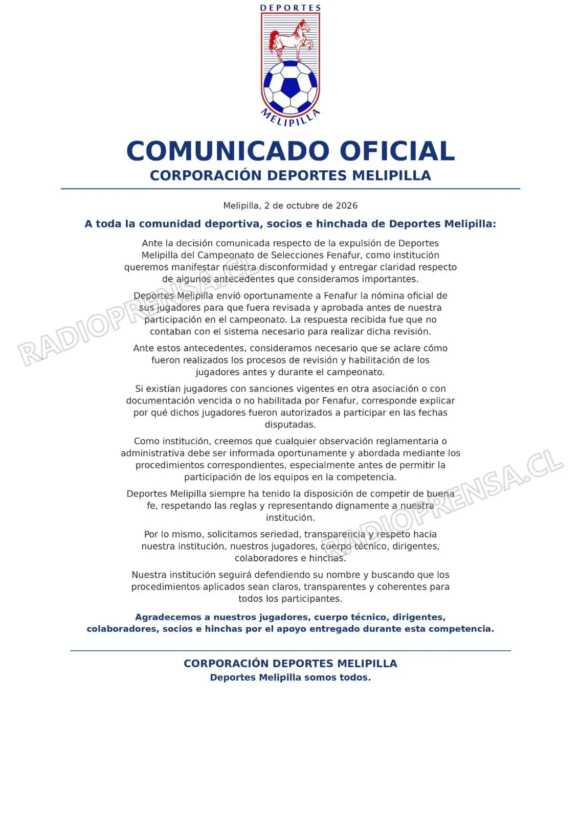 Deportes Melipilla emite comunicado sobre su expulsión de competencia FENAFUR