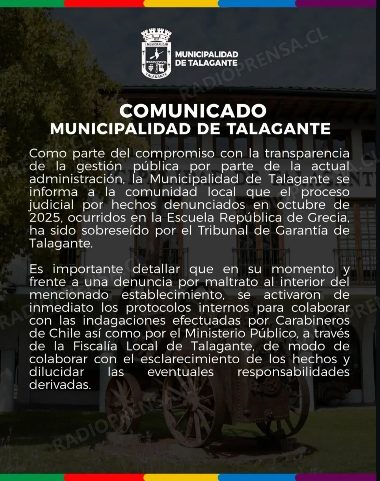 Municipio de Talagante se pronuncia tras sobreseimiento de docente acusado de agresión