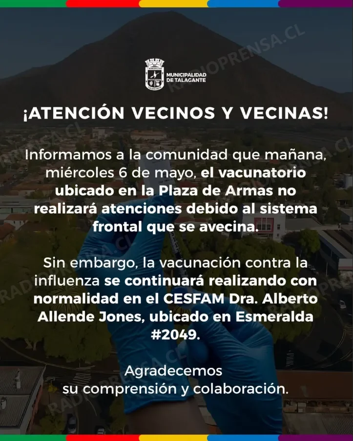 Suspenden vacunación en Plaza de Armas por condiciones climáticas en Talagante