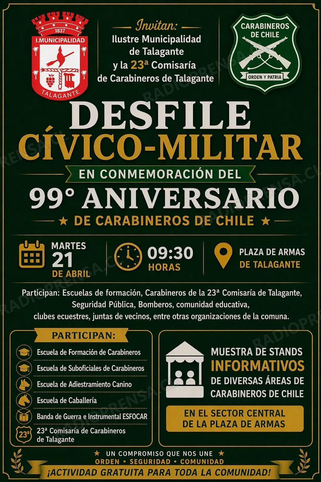 Desfile cívico-militar en Talagante conmemorará los 99 años de Carabineros de Chile