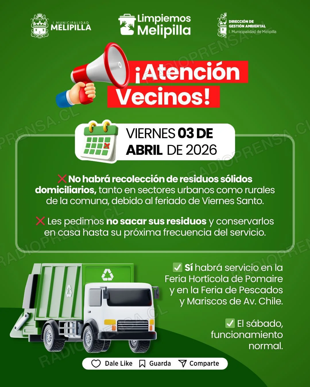 Suspenden servicio de recolección de basura por Viernes Santo en Melipilla