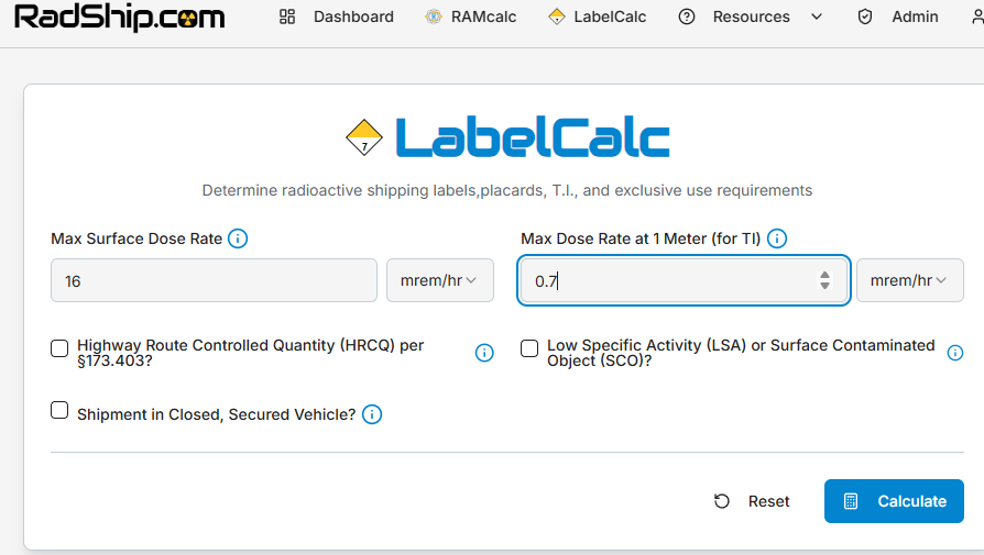 LabelCalc dose rate input form with contact and 1-meter measurement fields