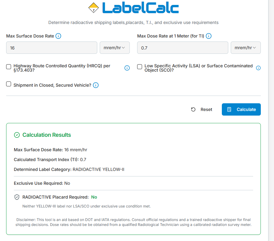 LabelCalc result showing determined shipping label category and Transport Index
