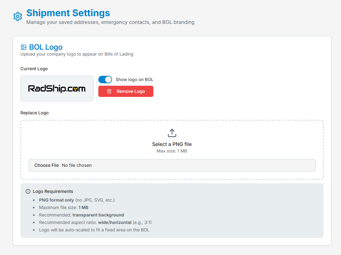The BOL Logo settings: current logo preview, a show-on-BOL toggle, and the PNG upload with format requirements