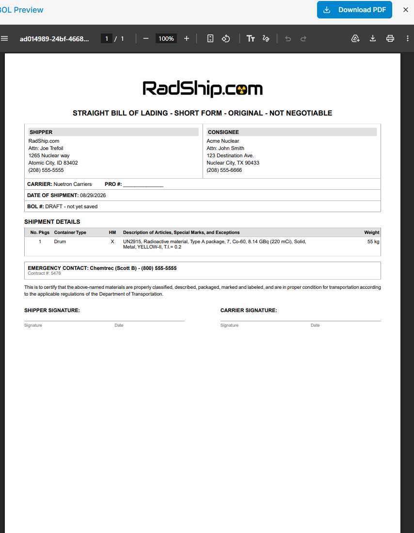 The BOL preview: a straight bill of lading with shipper/consignee blocks, carrier, ship date, the shipment details table with the full basic description, emergency contact with contract number, the certification statement, and signature blocks