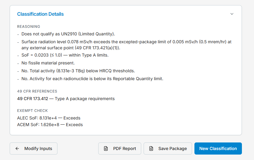 The Classification Details card: the reasoning trail, 49 CFR references, and the exempt check values